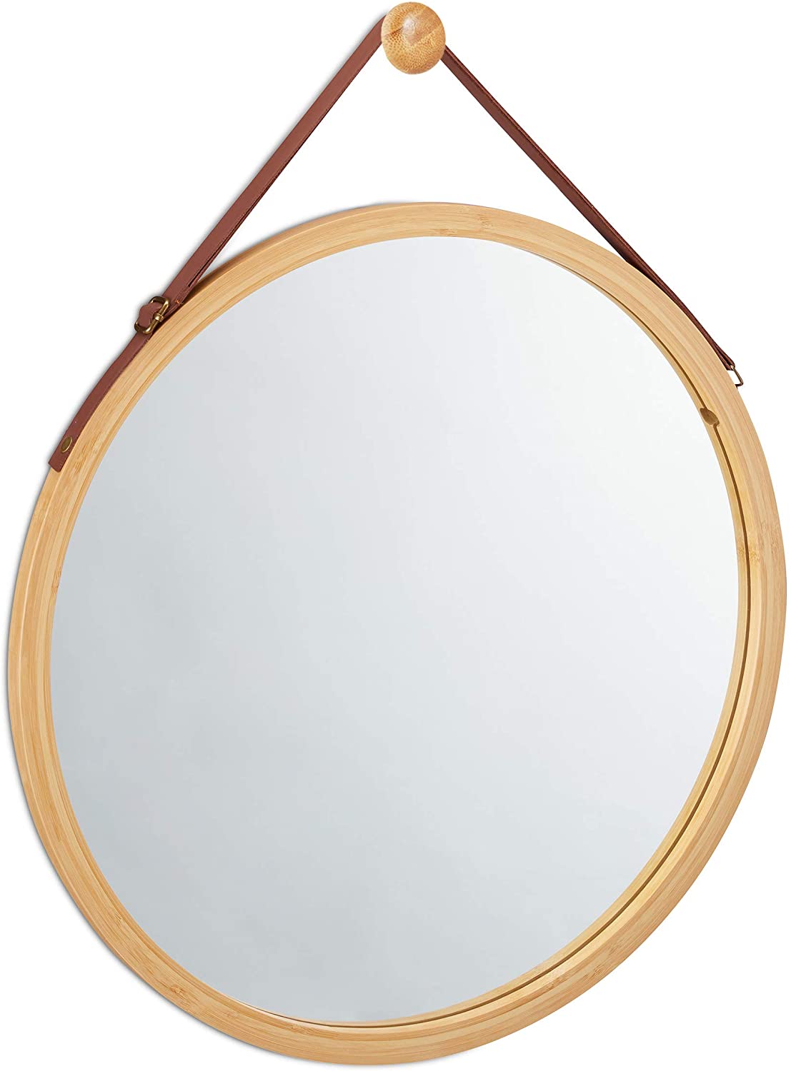 CARLA HOME Hanging Wall Mirror 45cm - Solid Bamboo Frame and Adjustable Leather Strap for Bathroom and Bedroom, Vanity Mirror, Makeup Mirror, Face Mirrors, Wall Shelf Mirror (Round 45 cm)