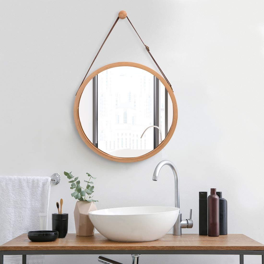 CARLA HOME Hanging Wall Mirror 45cm - Solid Bamboo Frame and Adjustable Leather Strap for Bathroom and Bedroom, Vanity Mirror, Makeup Mirror, Face Mirrors, Wall Shelf Mirror (Round 45 cm) - Image 2