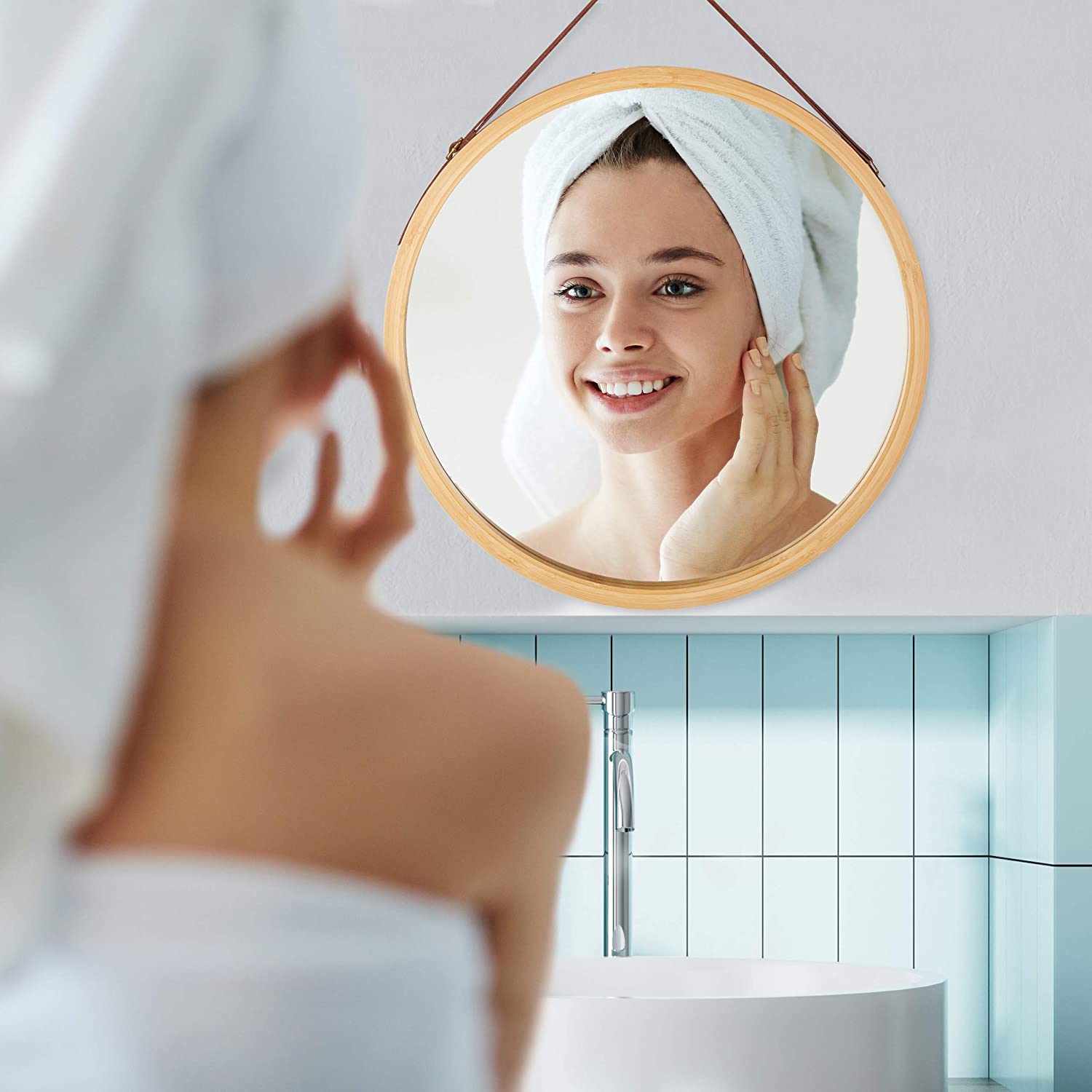 CARLA HOME Hanging Wall Mirror 45cm - Solid Bamboo Frame and Adjustable Leather Strap for Bathroom and Bedroom, Vanity Mirror, Makeup Mirror, Face Mirrors, Wall Shelf Mirror (Round 45 cm) - Image 3