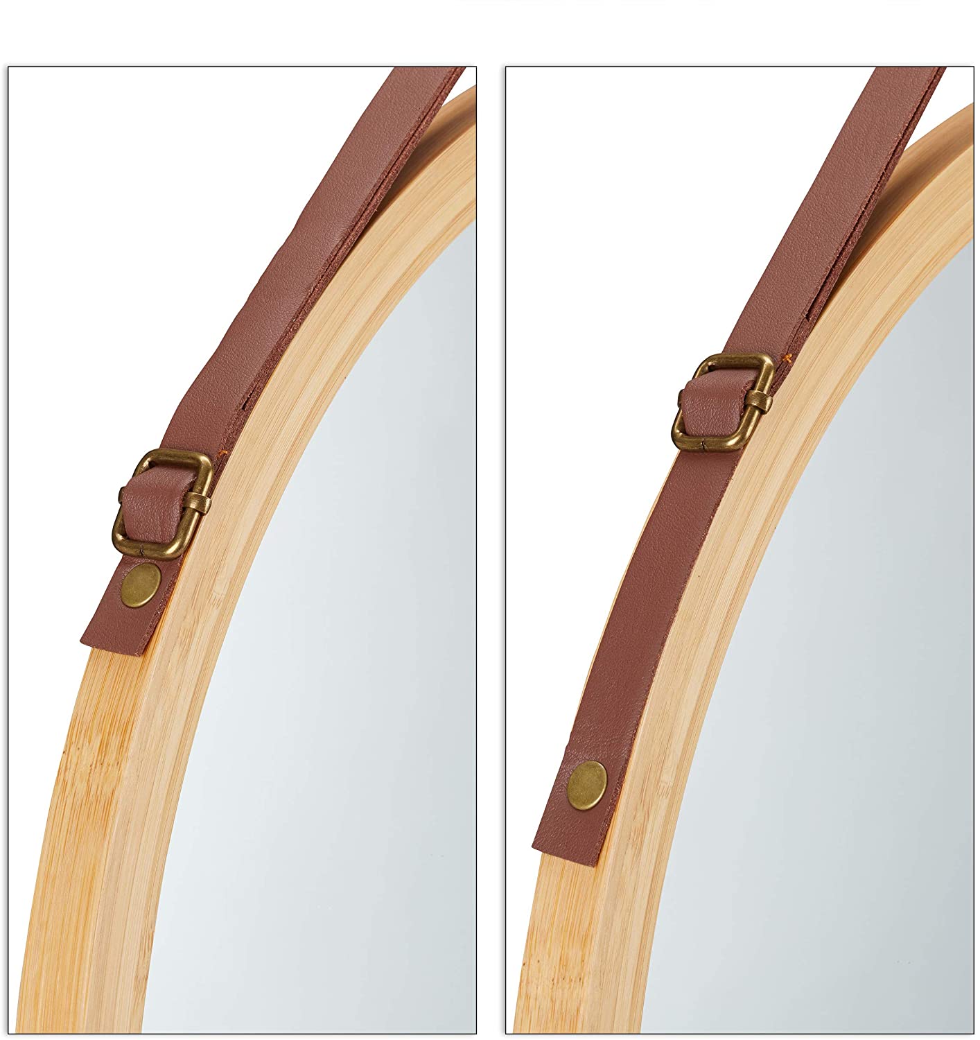 CARLA HOME Hanging Wall Mirror 45cm - Solid Bamboo Frame and Adjustable Leather Strap for Bathroom and Bedroom, Vanity Mirror, Makeup Mirror, Face Mirrors, Wall Shelf Mirror (Round 45 cm) - Image 4
