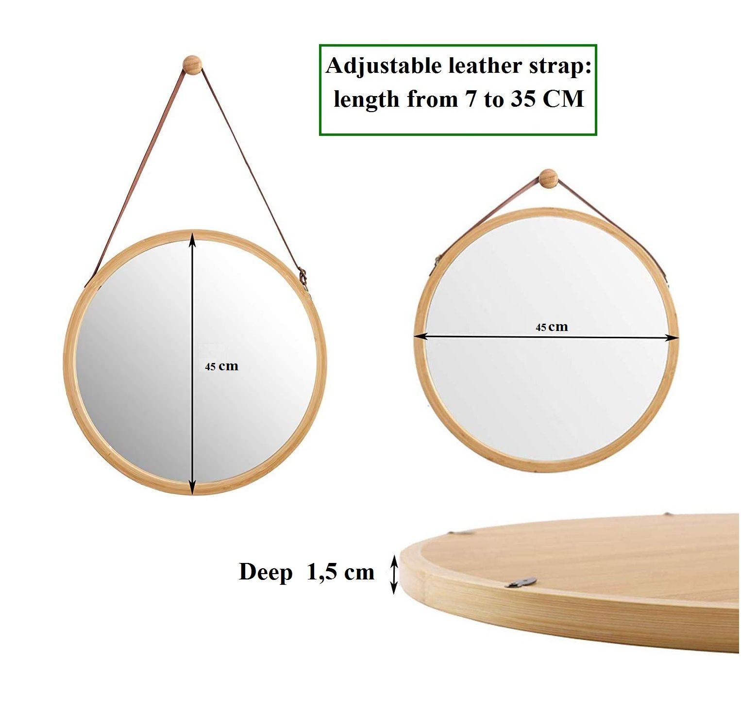CARLA HOME Hanging Wall Mirror 45cm - Solid Bamboo Frame and Adjustable Leather Strap for Bathroom and Bedroom, Vanity Mirror, Makeup Mirror, Face Mirrors, Wall Shelf Mirror (Round 45 cm) - Image 7