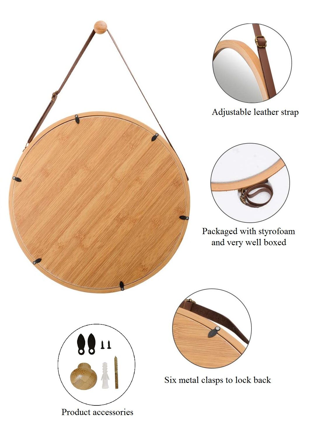 CARLA HOME Hanging Wall Mirror 45cm - Solid Bamboo Frame and Adjustable Leather Strap for Bathroom and Bedroom, Vanity Mirror, Makeup Mirror, Face Mirrors, Wall Shelf Mirror (Round 45 cm) - Image 8