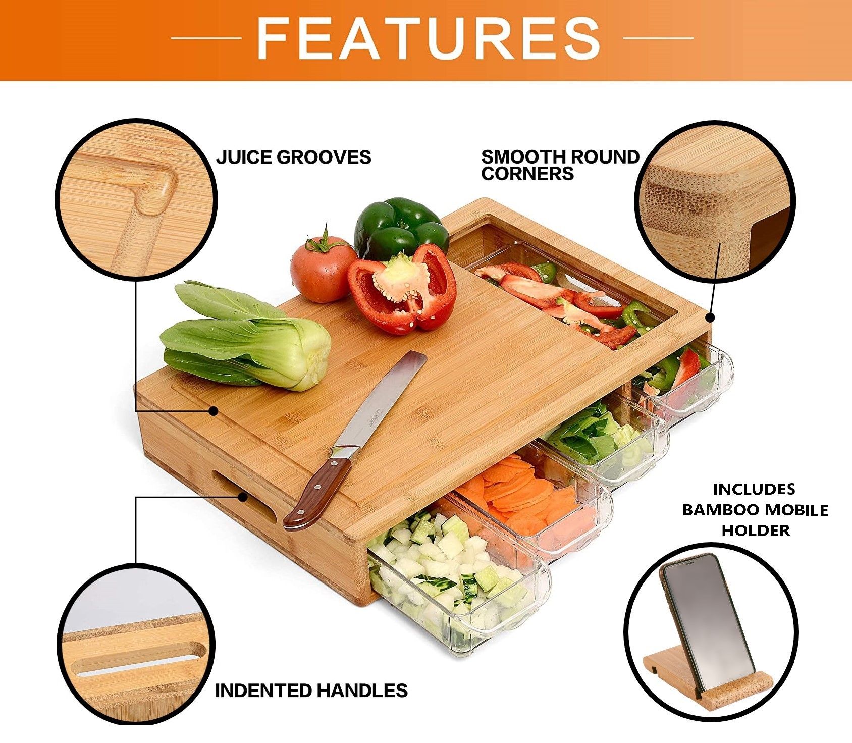 CARLA HOME Large Bamboo Cutting Board and 4 Containers with Mobile Holder gift included for Home Kitchen - Image 2