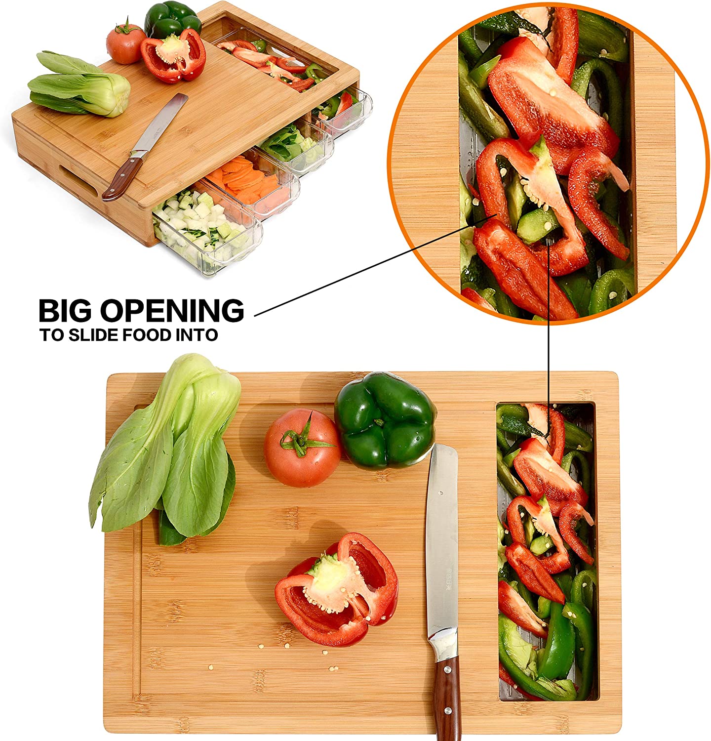 CARLA HOME Large Bamboo Cutting Board and 4 Containers with Mobile Holder gift included for Home Kitchen - Image 3