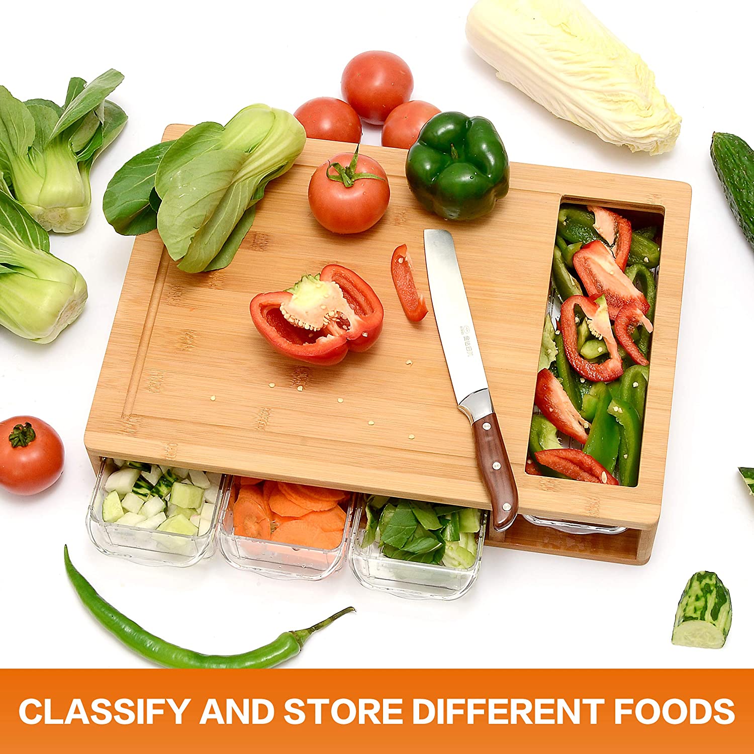 CARLA HOME Large Bamboo Cutting Board and 4 Containers with Mobile Holder gift included for Home Kitchen - Image 4