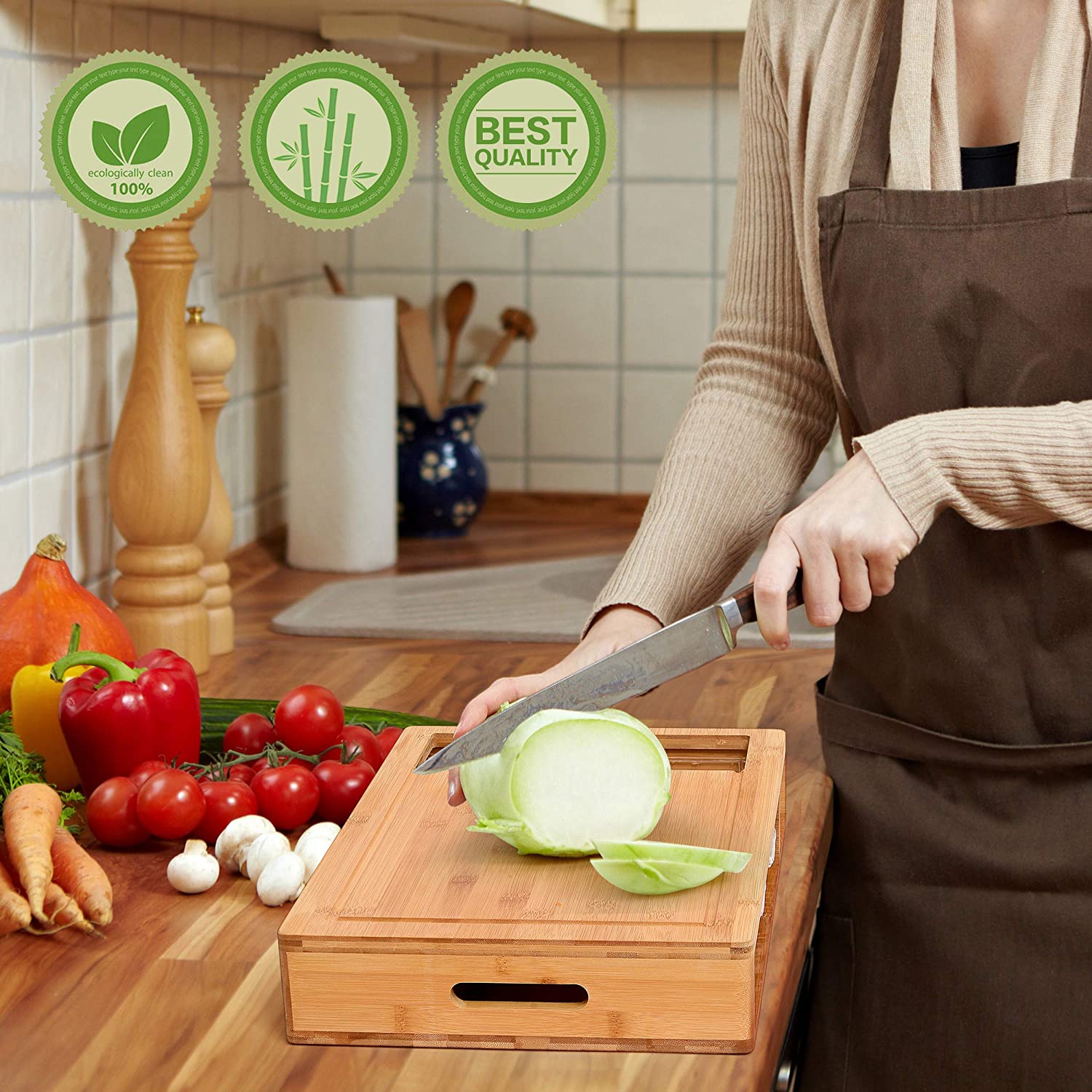 CARLA HOME Large Bamboo Cutting Board and 4 Containers with Mobile Holder gift included for Home Kitchen - Image 9