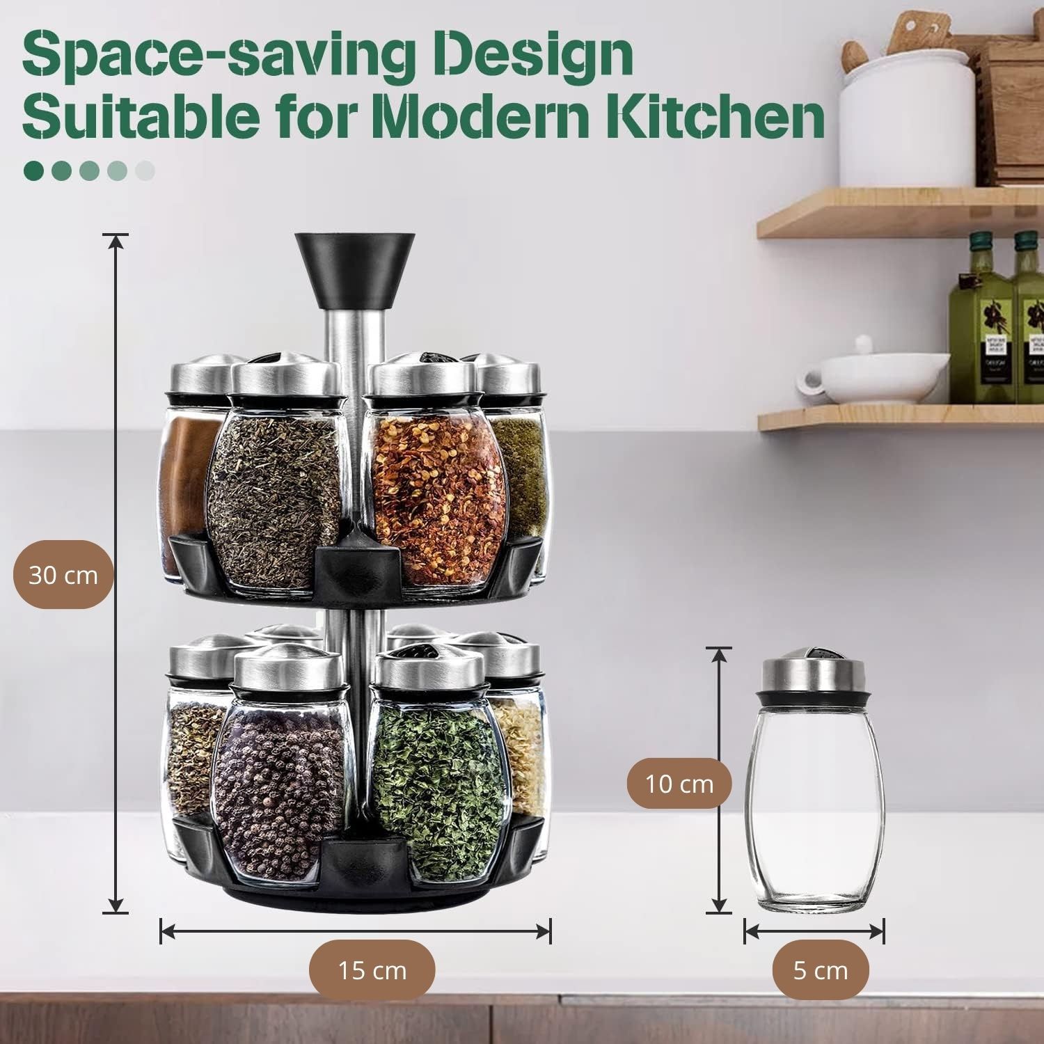 CARLA HOME Rotating Spice Rack Organizer with 16 Glass Jars for Kitchen Seasoning and Herb Storage - Image 2