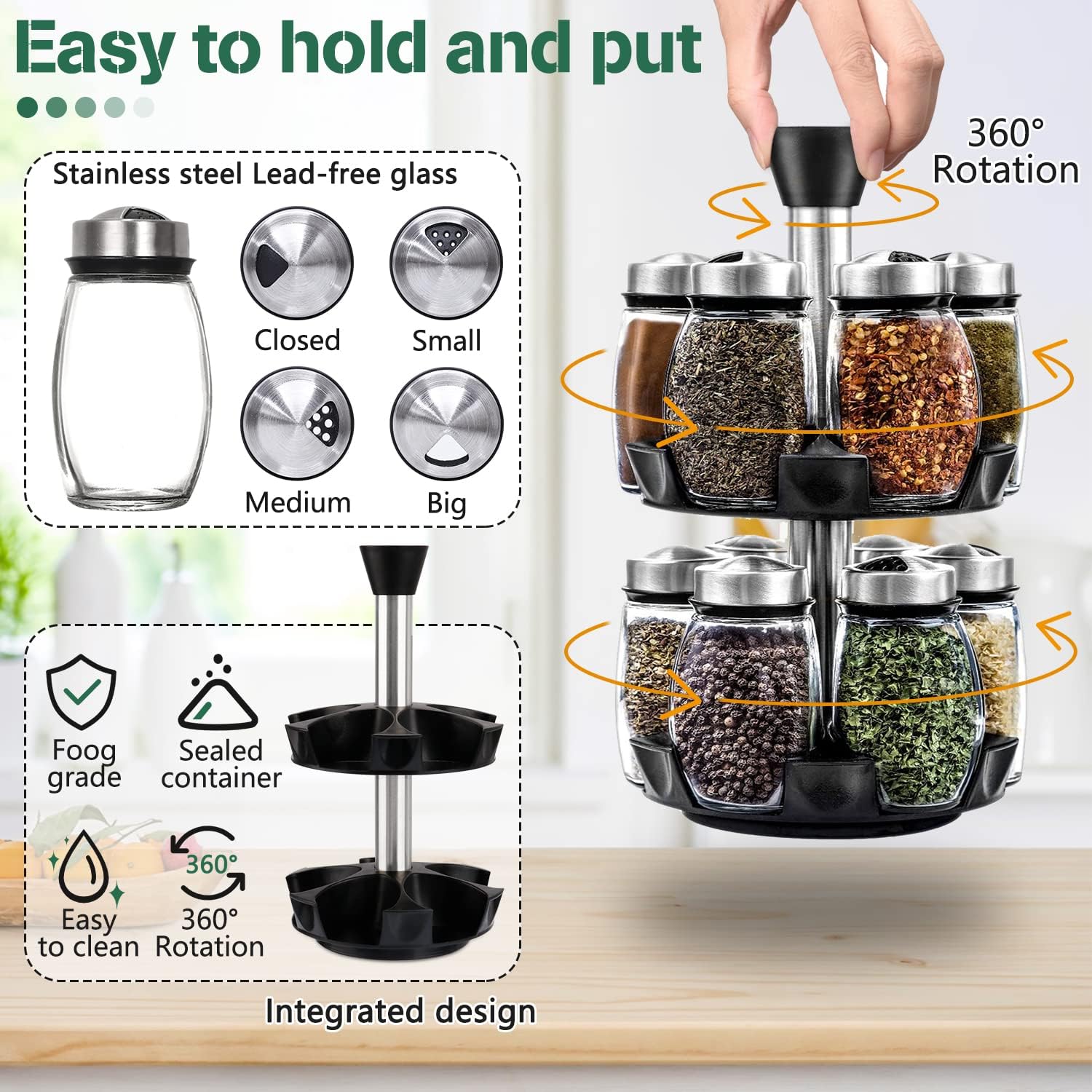 CARLA HOME Rotating Spice Rack Organizer with 16 Glass Jars for Kitchen Seasoning and Herb Storage - Image 4