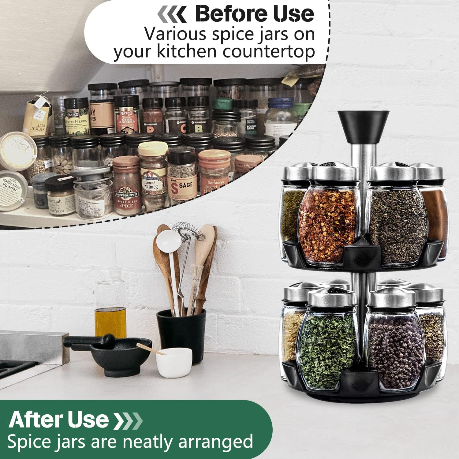 CARLA HOME Rotating Spice Rack Organizer with 16 Glass Jars for Kitchen Seasoning and Herb Storage - Image 5