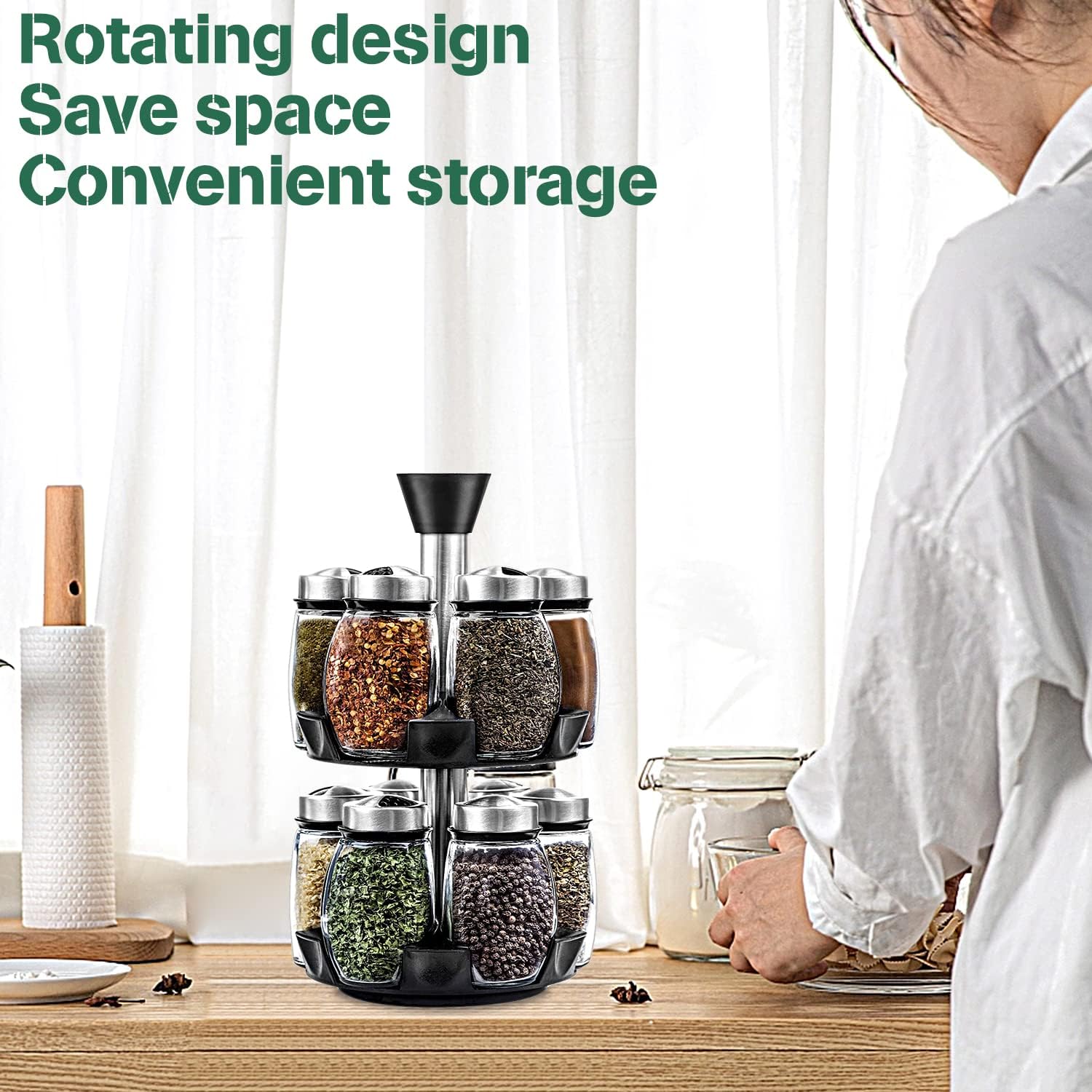 CARLA HOME Rotating Spice Rack Organizer with 16 Glass Jars for Kitchen Seasoning and Herb Storage - Image 6