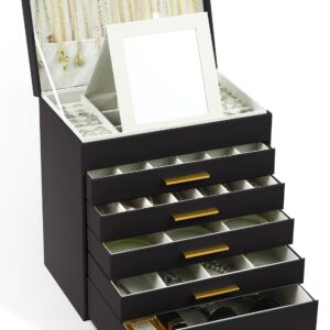 CARLA HOME 6-Layer Large Jewelry Organizer Box for Women with Mirror, Drawers, Hooks & Dividers for Rings, Necklaces, Bracelets, Ideal Gift for Women (Black)