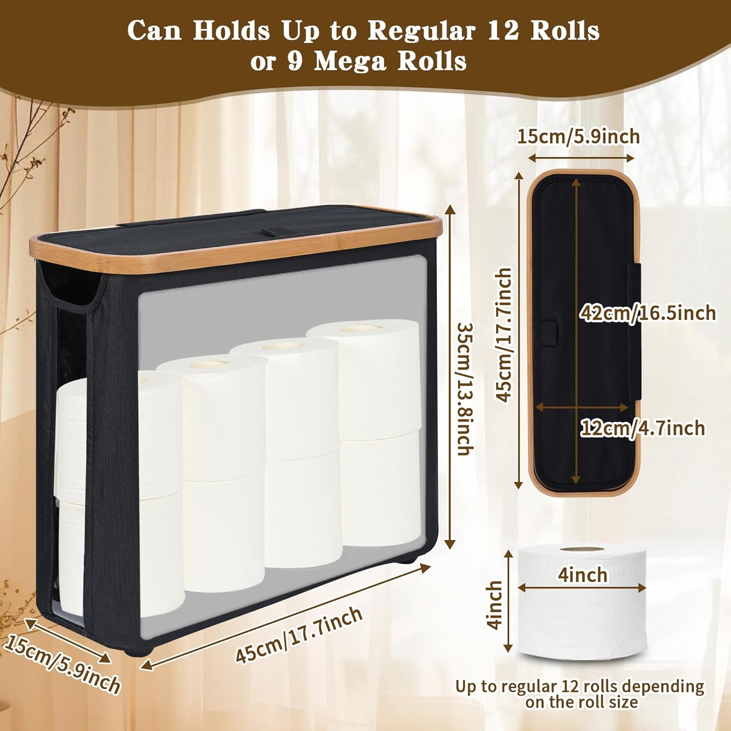 CARLA HOME 2 pack Toilet Paper Storage Basket Holds Up to 12 Rolls with Bamboo Lid and Handle for RV Closet (Black) - Image 3