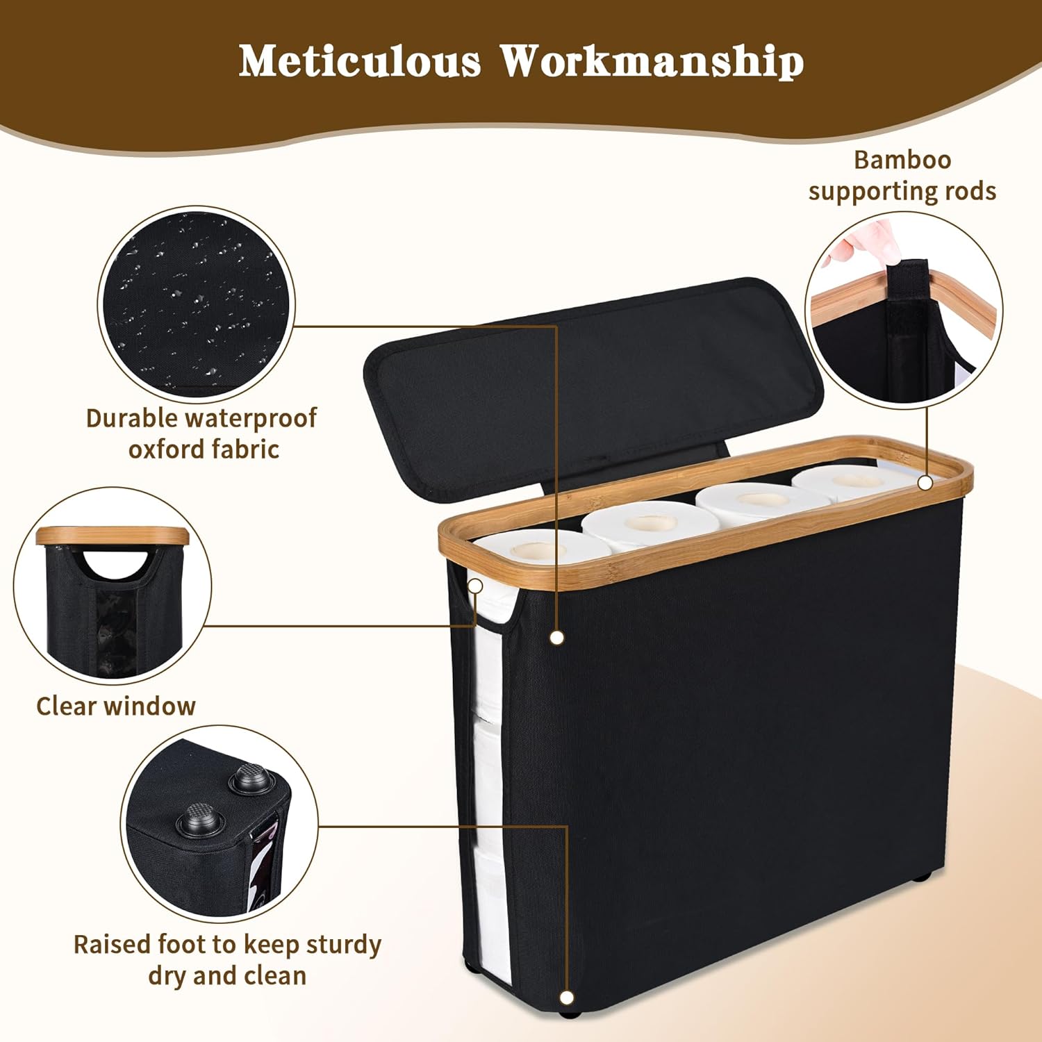 CARLA HOME 2 pack Toilet Paper Storage Basket Holds Up to 12 Rolls with Bamboo Lid and Handle for RV Closet (Black) - Image 4